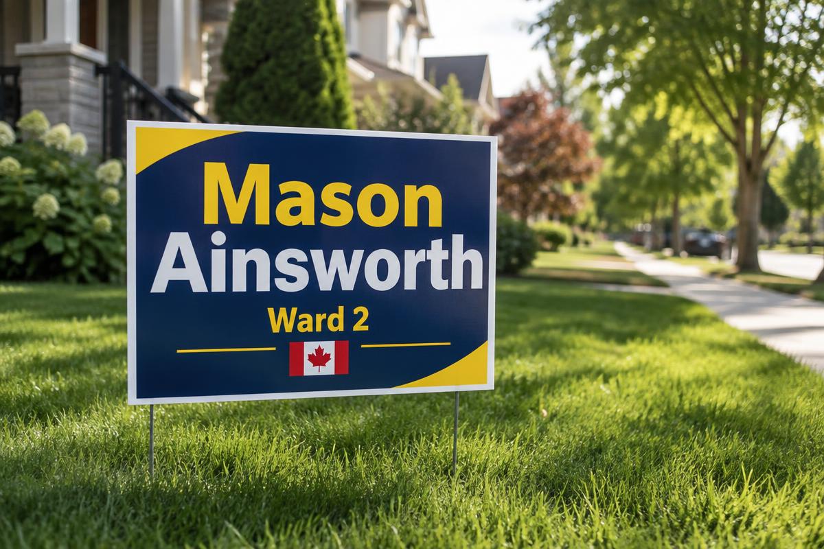 Placeholder lawn sign for Mason Ainsworth's Ward 2 campaign